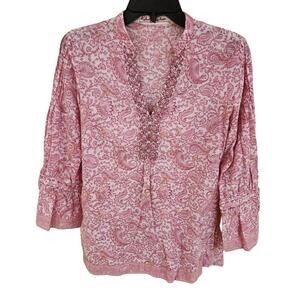 Robert Graham Top Beaded Cotton Pink White Floral Paisley Boho Womens Size Small